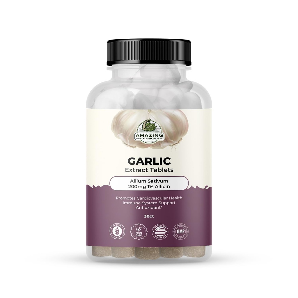 Amazing Botanicals Cesnakový extrakt tablety - Allium Sativum 200mg, 1% Allicin - High Potency Bylinné doplnky pre wellness a vitality - 30 Počet