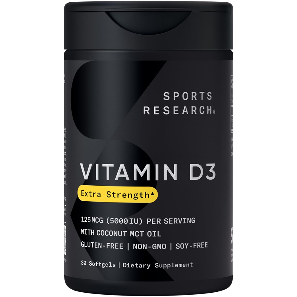 Športový výskum Vitamín D3 5000 IU s kokosovým MCT olejom - Vysokopotenciálny vitamín D doplnok pre imunitnú a kostnú podporu - Non-GMO Overené, Gluten & Soy Free 