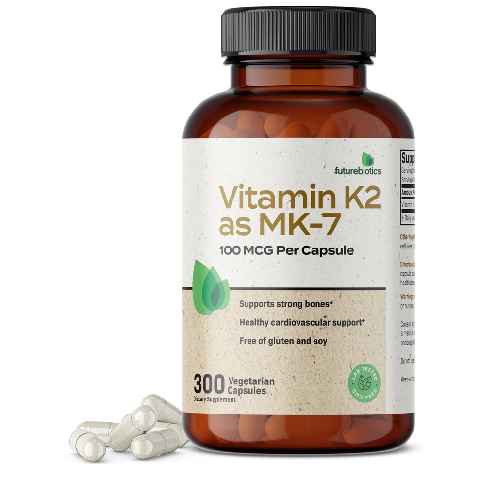 Futurebiotiká Vitamín K2 ako MK-7 100 mcg, podporuje silné kosti- non-GMO, 300 Vegetariánske kapsule