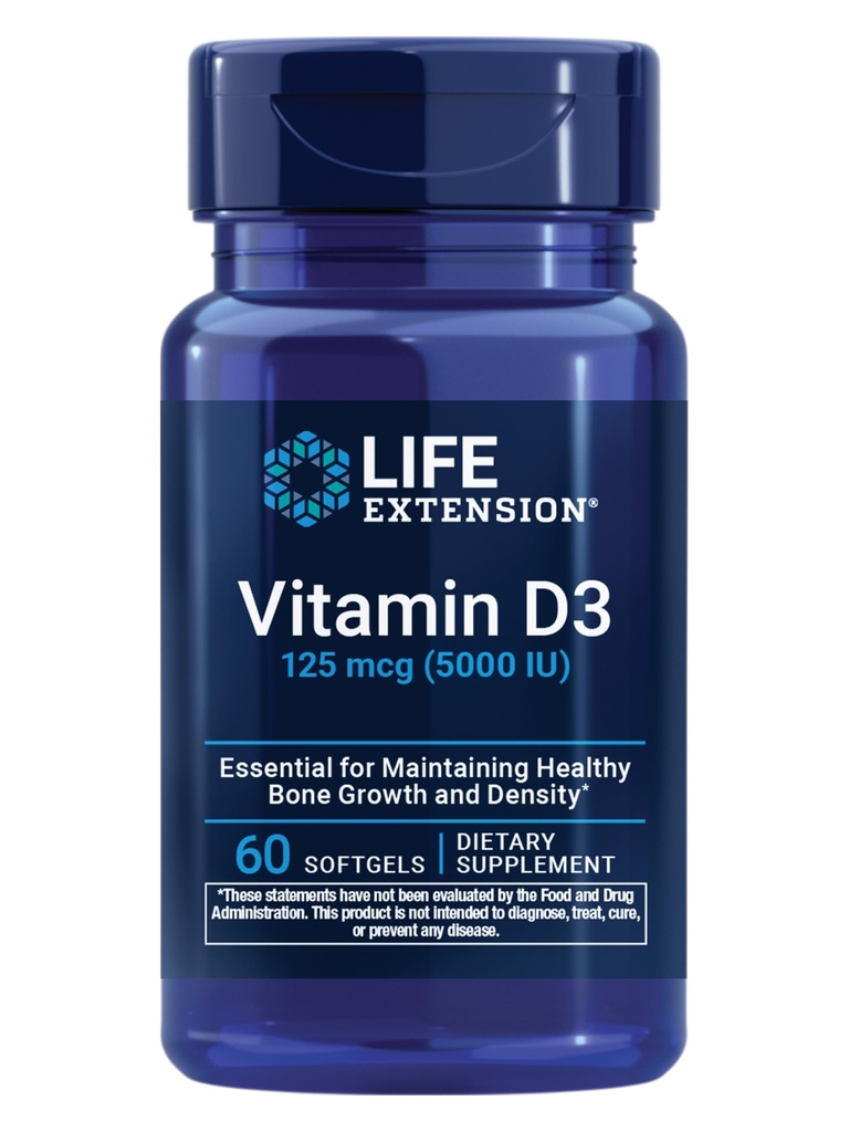 Predĺženie života Vitamín D3 125 μg (5 000 IU), zdravie kostí, výkon mozgu, podpora imunitného systému, bezlepkové, non-GMO, jedenkrát denne, dvoj-Mesiacej dodávky, 60 Softgelov