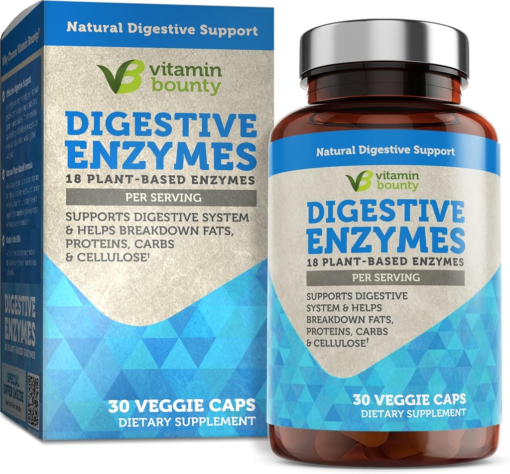 Vitamín Bounty Digestívne enzýmy - Prebiotiká s 18 enzýmami, tráviace enzýmy pre ženy a mužov, Digestion Supplement, Pomoc pri odbúravaní tukov, bielkovín a karbohydrátov - 30 kapsúl