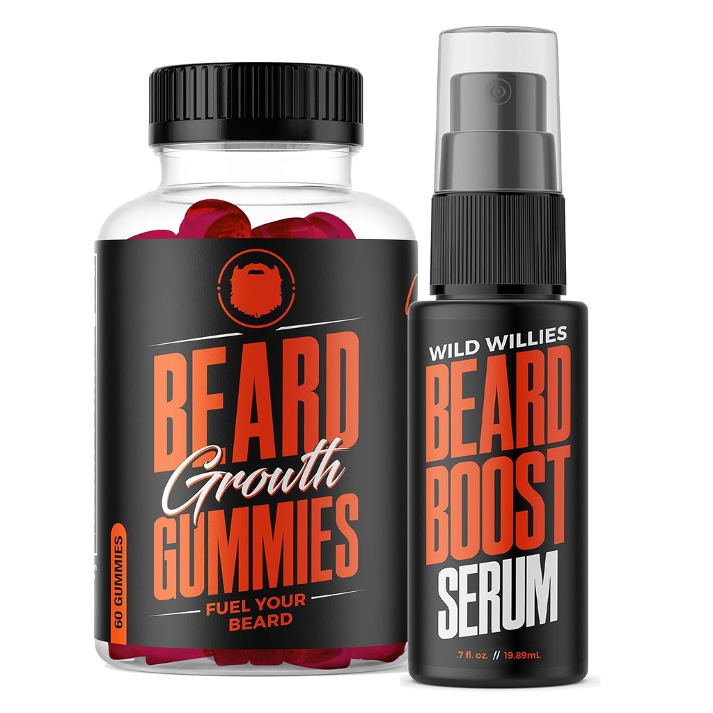 Wild Willies Bridd Rast Dual Hrozba: Brada rast Gumies a sérum Kit pre mužov - Biotin, kofeín a esenciálny rast olej pre plnšie, hrubšie vlasy - bed vitamíny a zvýšiť rast brada