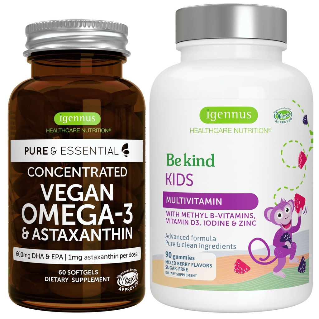 Vegan Omega-3 Algae olej + Advanced Kids Multivitamín Gummy Bundle, vysoká koncentrácia DHA & EPA + vitamín A, B, C, D3 & E, čisté zložky 60 Softgels + 90 Berry Flavor Gummies, podľa Igennus