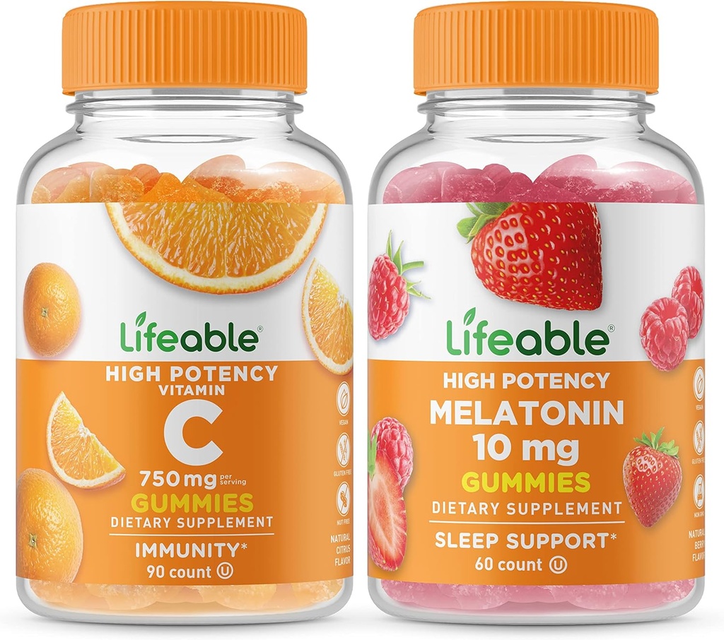 Životaschopný vitamín C 750mg + Melatonín 10mg, Gummies Bundle - Veľká chuť, vitamínové doplnky, bez lepku, bez GMO, Žuvacia Gummy