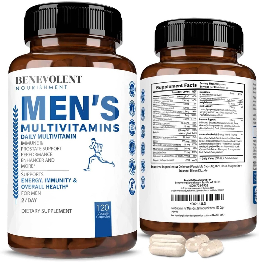 Benevolentný výživný multivitamín pre mužov - podporuje energiu a celkové zdravie - esenciálne denné vitamíny pre mužov, biotín, horčík, zinok a antioxidant pre imunitné zdravie - non-GMO,120 Caps