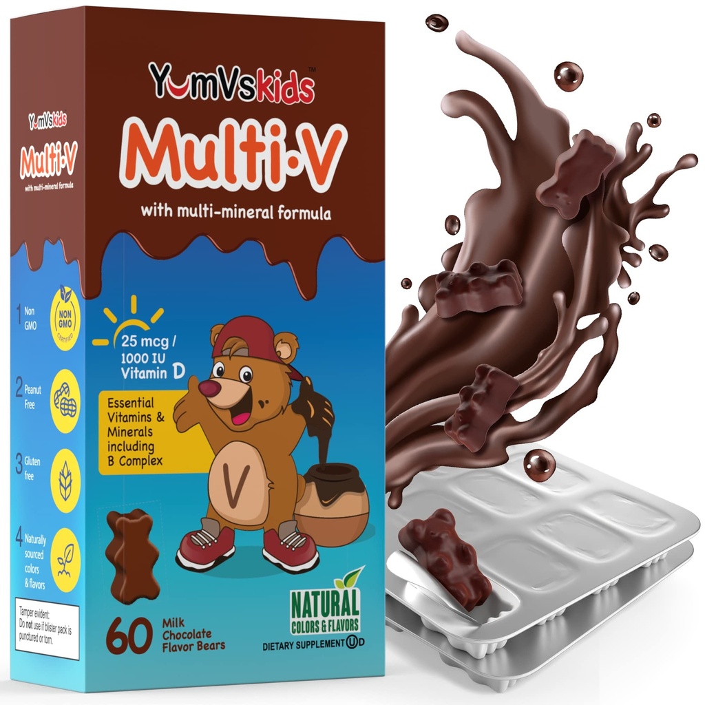 YUM-V'S - Deti Multivitamínové Žuvacie čokoládové medvede - Multivitamín pre deti doplnok - 16 Vitamíny a minerály - vitamíny vrátane D, zinku, C, B komplex a viac, 60 Počet balení 1
