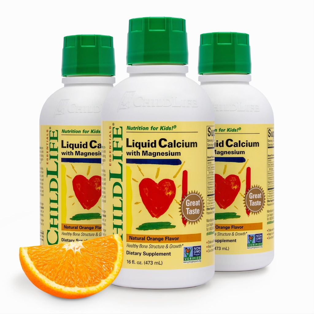 ChildLife Essentials Liquid Calcium Supplement for Kids - Baby Calcium with Magnézium, Zinok, and Vitamín D3 - Orange flavor, 16 fl oz (3 balenia)