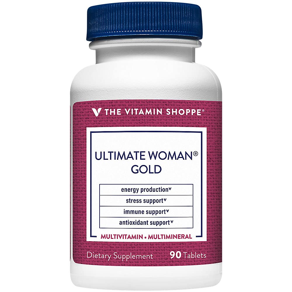 Vitamín Shoppe Ultimate Woman Gold Multivitamín - so železom, B Vitamíny a vitamín D3 a viac na podporu výroby energie, kostného a imunitného zdravia - Glutén bez multiminerálu (90 tabliet)