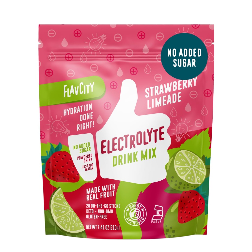 FlavCity Strawberry Limeade Electrolytes prášok balíčky - 28 hydratačné balíčky - bez pridaného cukru - hydratačný prášok s skutočným ovocím a nerafinovanou morskou soľou - Keto a bez lepku (28 tyčiniek)