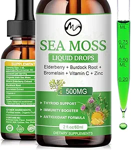 Tekuté kvapky morskej machy - Írsky morský mach 2000 mg s bazami, Burdock Root, Hypromelain, vitamín C a zinok - 98 Essential Minerals Seamos Supplement for Immune, Joint, Digestion, Aging Support - 2oz
