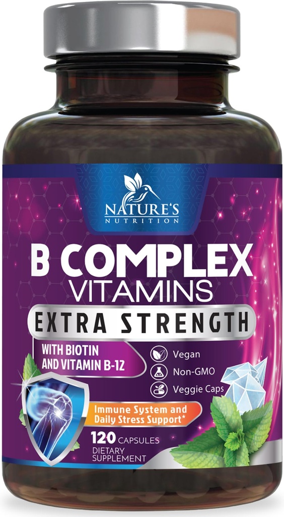 B Complex Vitamíny Kapsule - s vitamínom B12 B6 B100 C biotín folát a kyselina listová - Supplement for Heart, Brain, & Nerve Support - Super Complete B- Complex for Immune & Energy Support - 120 Kapsule