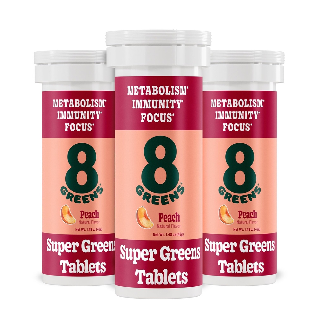 8Greens Supergreens Tablety Super Greens Powder Superfood Tablety, Metabolizmus imunita & Focus, Denné Greens šumivé tablety, Organické: Aloe Vera, Spirulina, Chlorella, Peach, 30 Servings