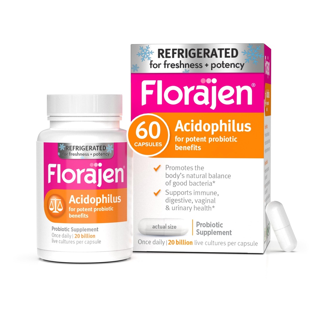 Florajen Acidophilus High Potency Chladiaca podpora Celkové zdravie, 20 miliárd CFU pre Potent Probiotic Výhody, Neochutené, 60 Počet