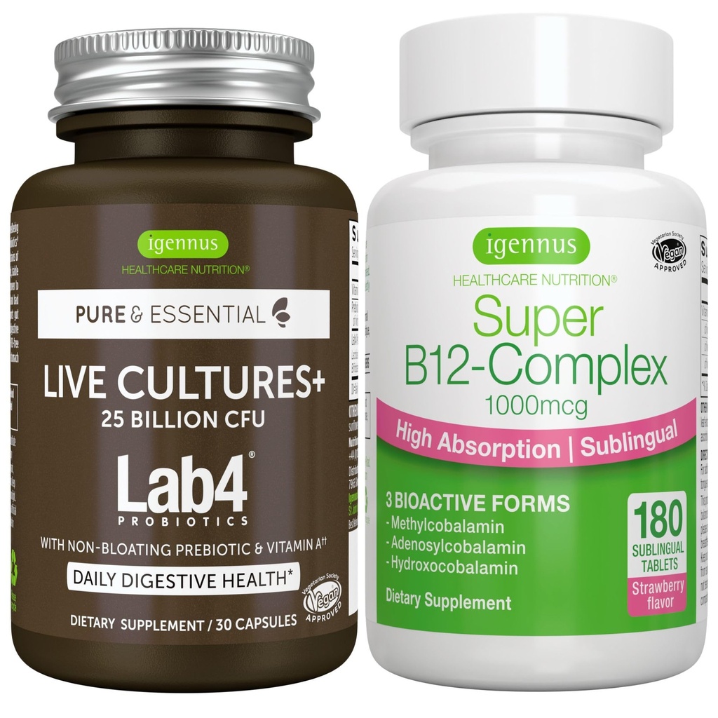 Živé kultúry+ Lab4 Probiotiká + Super B12 Complex, Vegan Bundle, 25 miliárd CFU Lactobacillus Acidophilus a Bifidobacterium + Vysoká absorpcia Sublingválna B12, podľa Igennus