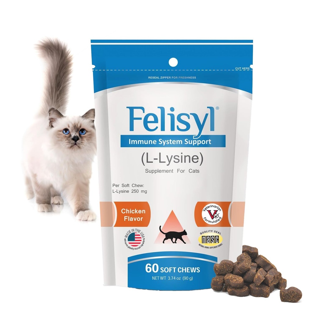 Felisyl Imunitný systém Podpora pre mačky - Aminokyseliny L-lyzín - Produce Antibodies - Zdravé tkanivo, Respiračné zdravie, Vision - 60 Soft Chews