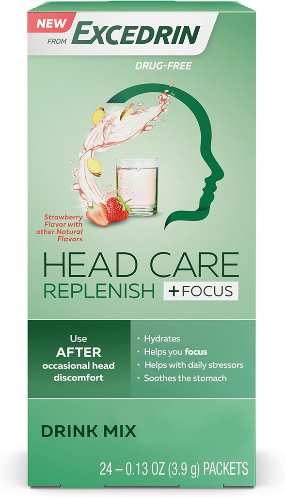 Excedrin Head Care Replenish Plus Focus from Excedrin Drink Mix with Electrolytes, L-Theanine, Ginger and Caffeine for Head Health Support - 24 paketov