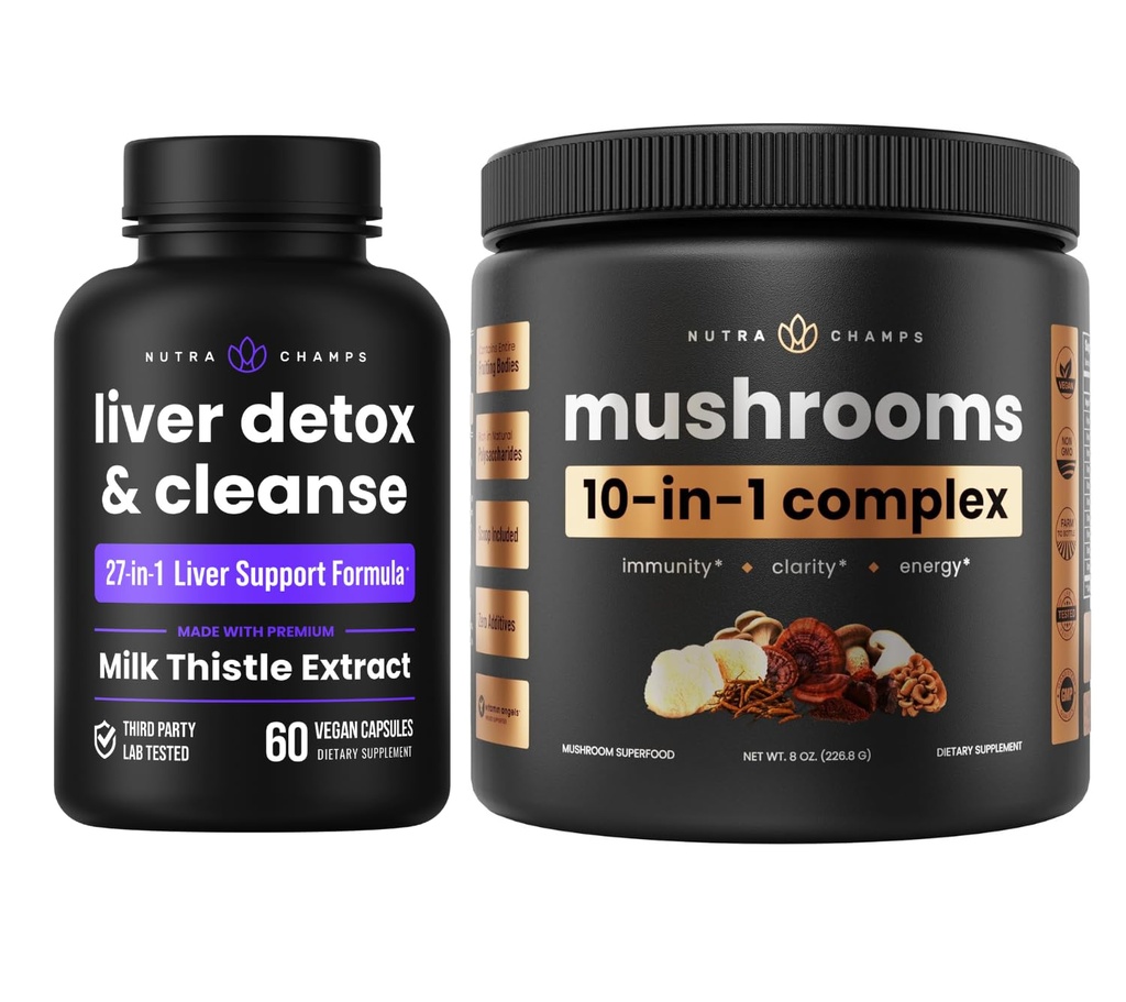 NutraChamps Pečeň Detox & Huba Powder - Kognition, Detox & Imunity Bundle