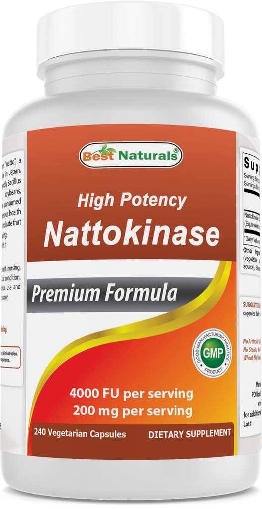 Najlepšie Naturals High Potency Nattokináza 4000 FU Per Serving/ 200 mg per Serving, 240 Vegetarain Capsulas. Non-GMO, Gluten Free.