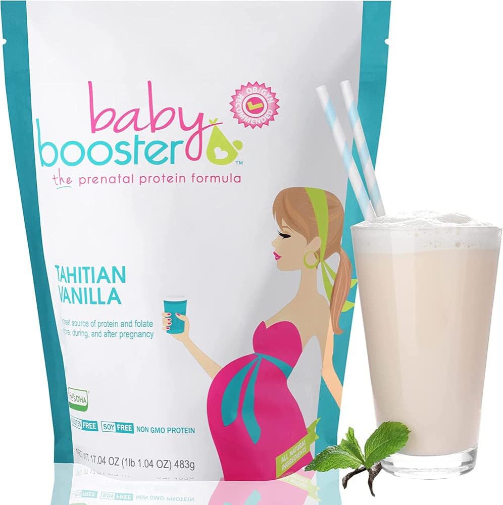 Baby Booster Tahitian Vanilla prenatálny vitamín doplnok a proteín Shake, kofeín bez, všetky prírodné, Vegetariánska DHA, vysoký proteín, metylfolát, B vitamíny, skvelé pre ranné choroby, 1 lb