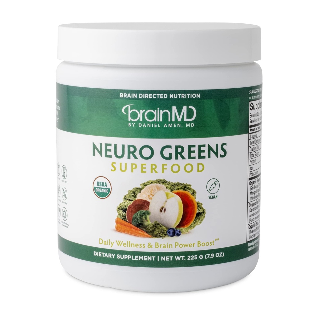 BRAINMD Dr Amen Neuro Greens Superfood - 7.9 oz - podporuje celobodový wellness, trávenie + imunitné a mozgové zdravie - bez lepku - 30 porcií