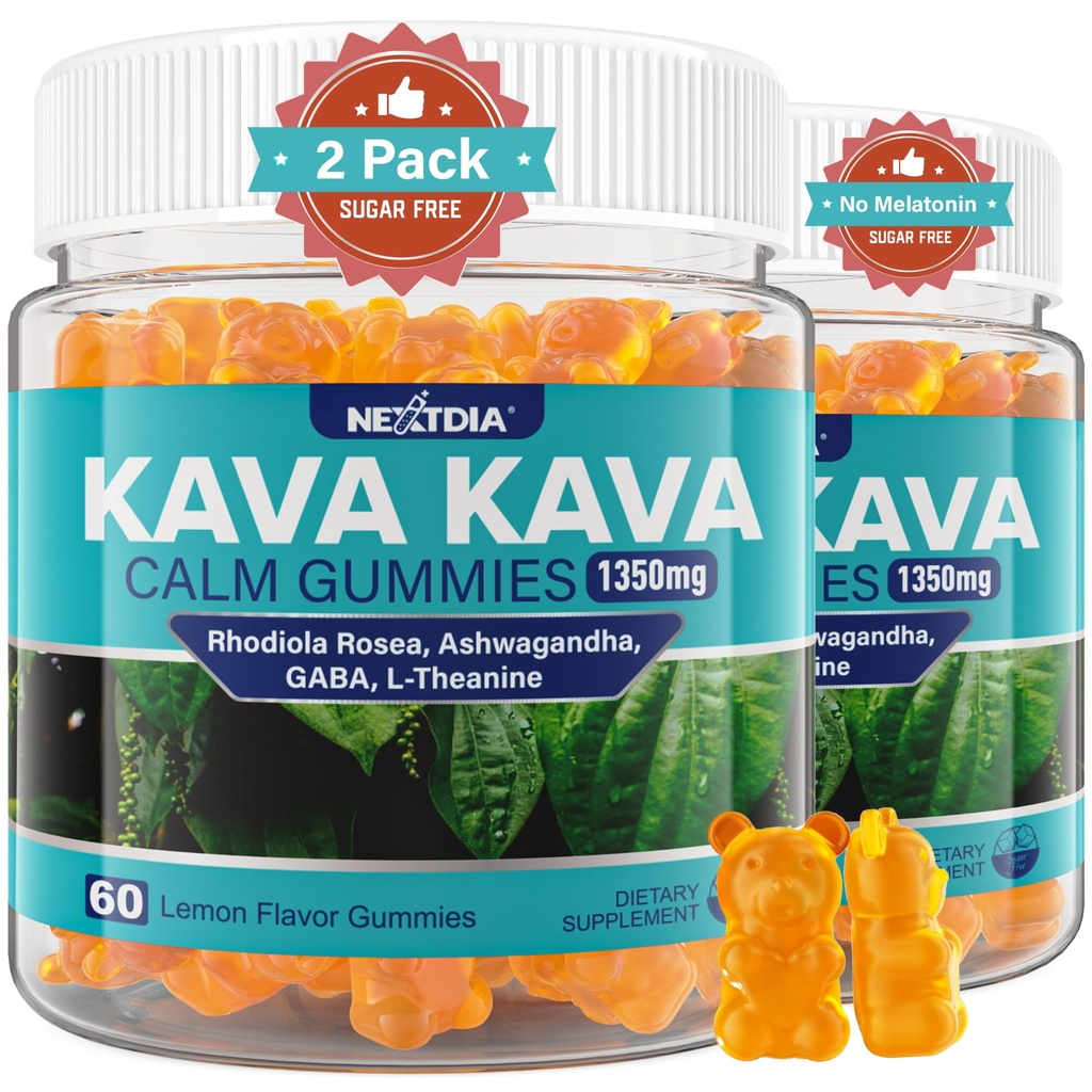 Kava Kava Gummies, bez cukru Pokojné Gummy w/Rhodiola Rosea, Ashwagandha, L-Theanine, GABA, Melatonin-Free Kava Blend pre Relaxáciu, Pokoj a zaostrenie - Alternative to Kava Powder Capsules, Vegan 120 Ct