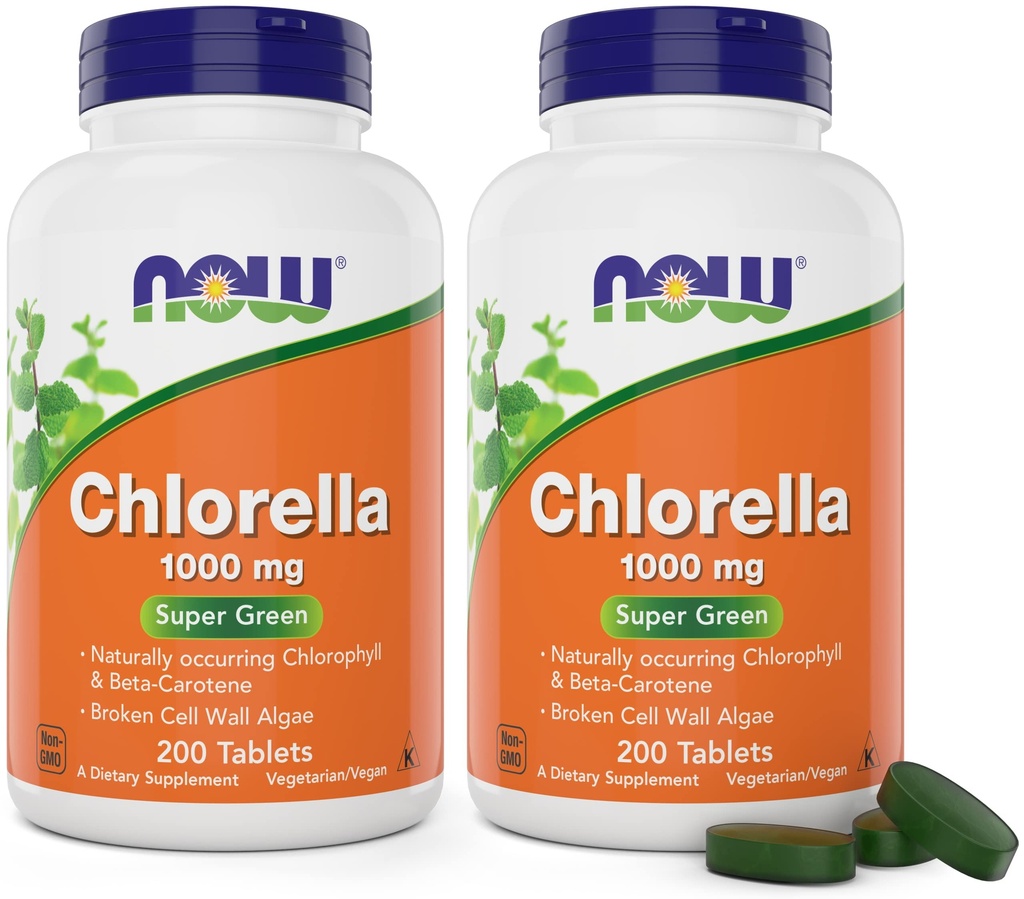 Teraz Chlórella 1000mg Tablety - 200 Počet (Pack of 2) - Prírodné Occuring Chlorofyl, Beta-karotén - Non-GMO, Vegan - Zelená Super Food Supplement pre ženy a mužov