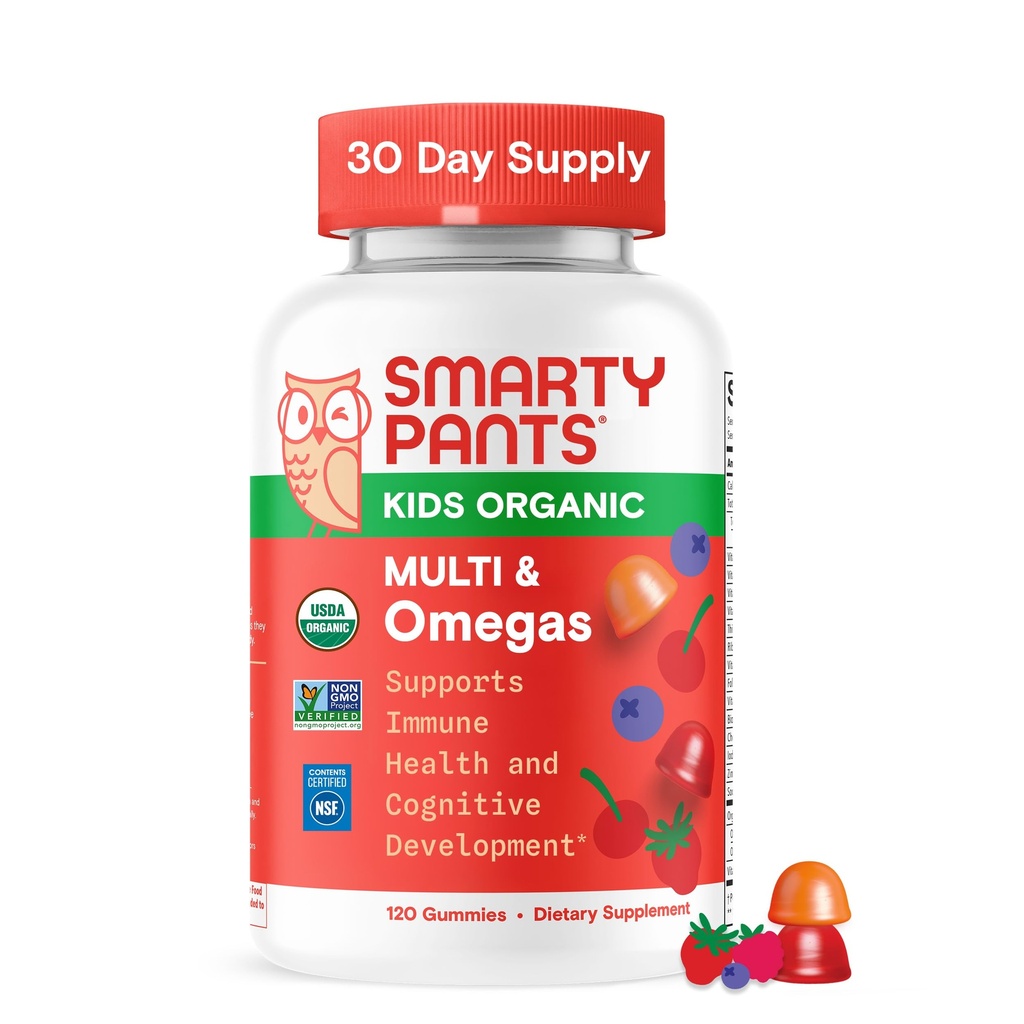 SmartyPants Organic Kids Multivitamínové Gummy: Omega 3 (ALA), Vitamín D3, C, vitamín B12, B6, A, K & Zinok pre imunitnú podporu, biotín, vegetarián, tri ovocné príchute, 120 Počet (30 dní dodávky)