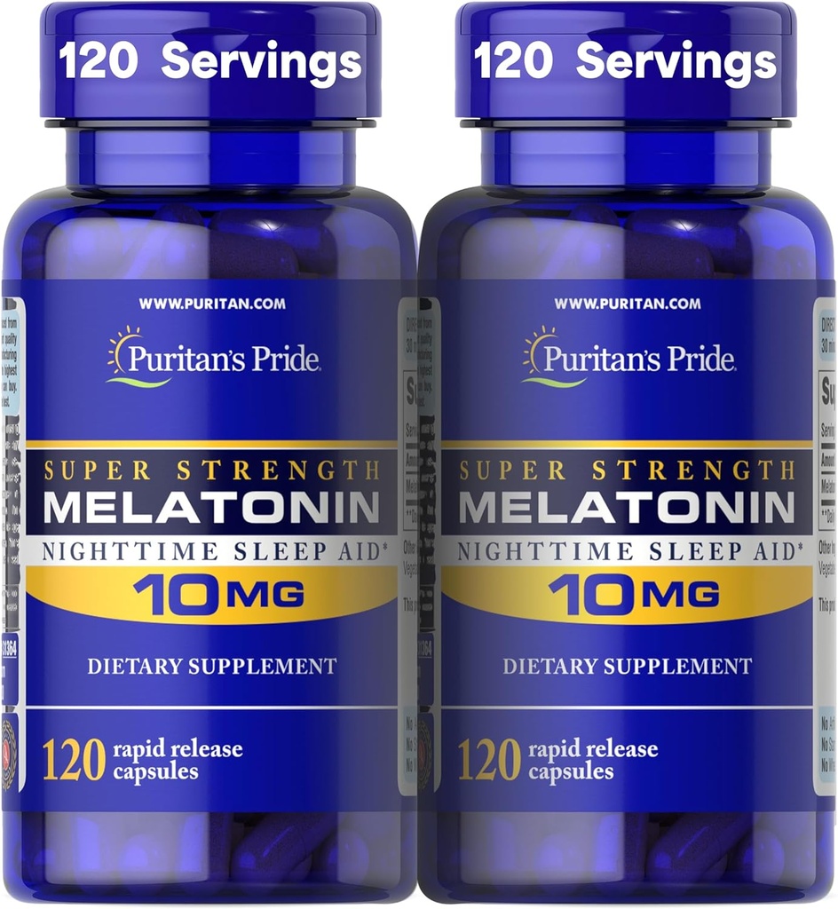 Puritán je pýcha Premium Super sila Melatonin 10mg Sleep Aid, Dietary Supplement for Sound, Restful, & Longer Sleep Support, 4 Month Supply, 120 Rapid Release Capsules, 2 Packaging May Vary