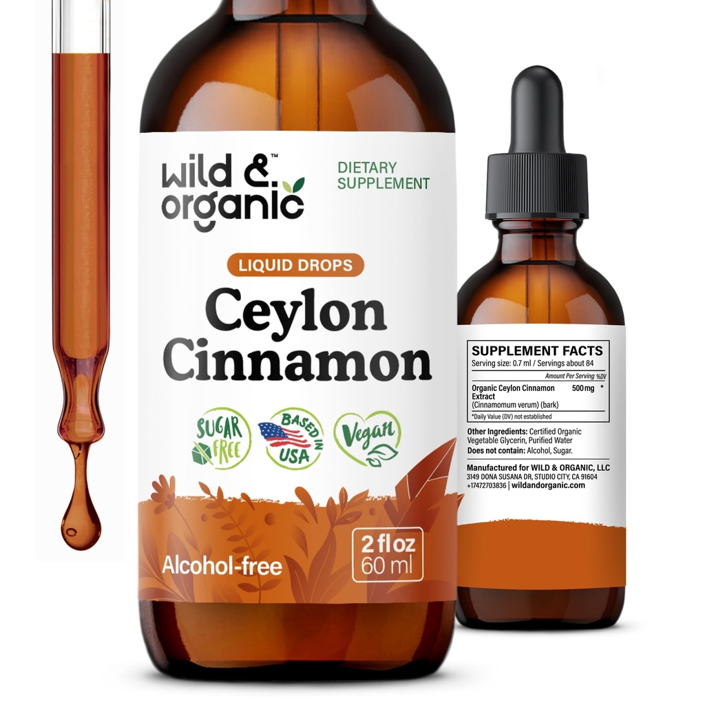 Wild & Organic Ceylon škoricový extrakt Tekuté kvapky 500 mg - Tekuté škoricové doplnky pre celkovú podporu - Cinnamomum Verum Bark Tincture - Vegan, cukor a alkohol-free, non-GMO - 2 fl oz