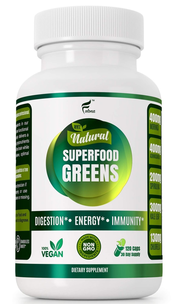 Organické Vegan Super Greens Kapsule s Ashwagandha - Immune Support with All Natural Whole Food Nutrients Chlorella, Moringa, Spirulina, Turmerica, Kale. Zlepšenie trávenia, zvýšenie energie - tabletky Detox