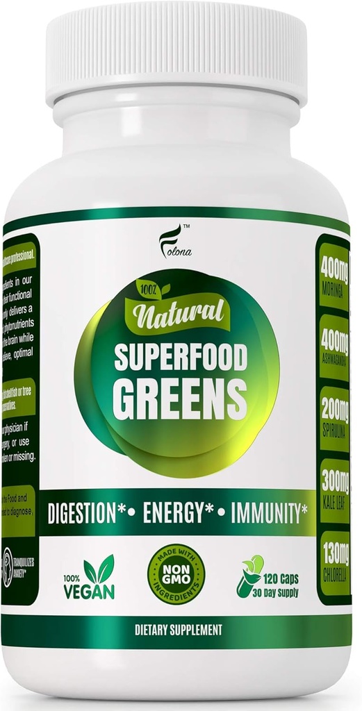 Organické Vegan Super Greens Kapsule s Ashwagandha - Immune Support with All Natural Whole Food Nutrients Chlorella, Moringa, Spirulina, Turmerica, Kale. Zlepšenie trávenia, zvýšenie energie - tabletky Detox