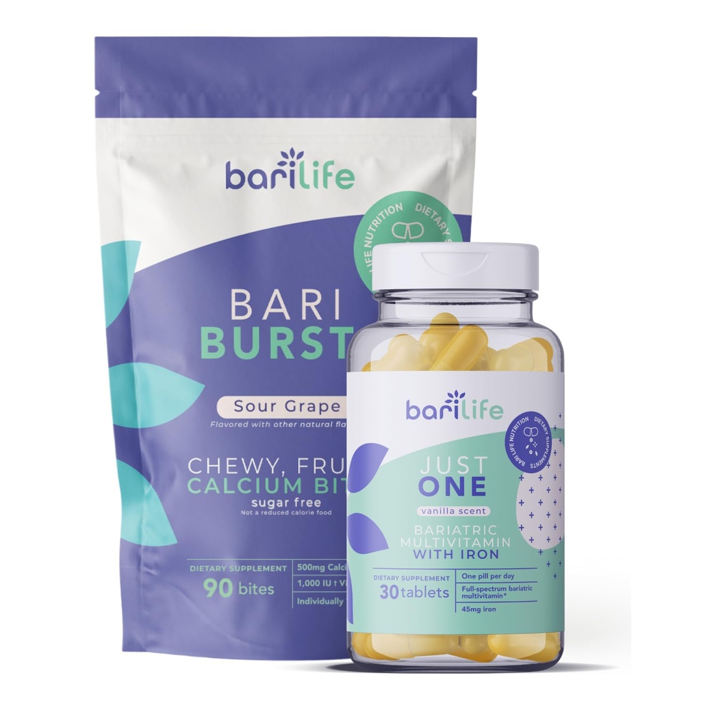 Bari Life Just One, Once Daily Bariatric Multivitamín so železom (30 tabliet) a BariBurst Calcium Citrate Soft Chews for Gastric Bypass, Gastric Sleeve and Duodenal Switch (Sour Grape)
