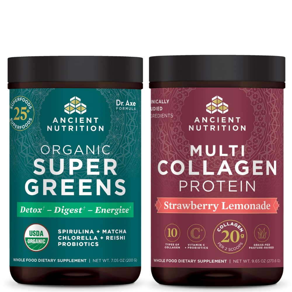 Ancient Nutrition Organic Supergreens Powder, Greens Flavor, 25 Servings + Multicolagen Protein Powder, Strawberry Lemonade, 24 Servings