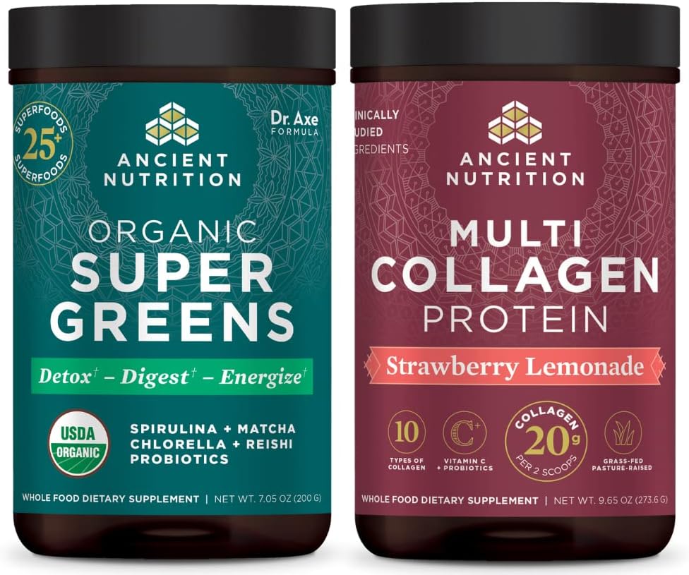 Ancient Nutrition Organic Supergreens Powder, Greens Flavor, 25 Servings + Multicolagen Protein Powder, Strawberry Lemonade, 24 Servings