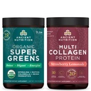 Ancient Nutrition Organic Supergreens Powder, Greens Flavor, 25 Servings + Multicolagen Protein Powder, Strawberry Lemonade, 24 Servings