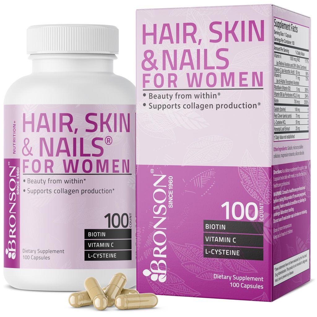 Bronson vlasy, koža a nechty s Biotin Extra sila Vitamín Supplement pre ženy, 100 kapsúl