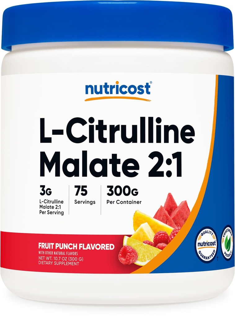 Nutricost L-Citrulínmalát 2:1 (300g) Ovocie Punch - Podpora cvičenia, svalová výkonnosť, Posilňovač oxidu dusnatého - Fitness doplnok prášok, 75 Servisov