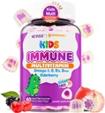 Deti Multivitamín + Imunitná podpora Gummy, Vitamín C D3 & Zinok, Omega-3, A, E, bazy, Deti Vitamín Gummy pre zdravý vývoj, Imunita, rast kostí a zdravie očí, bez cukru, 60 Cts