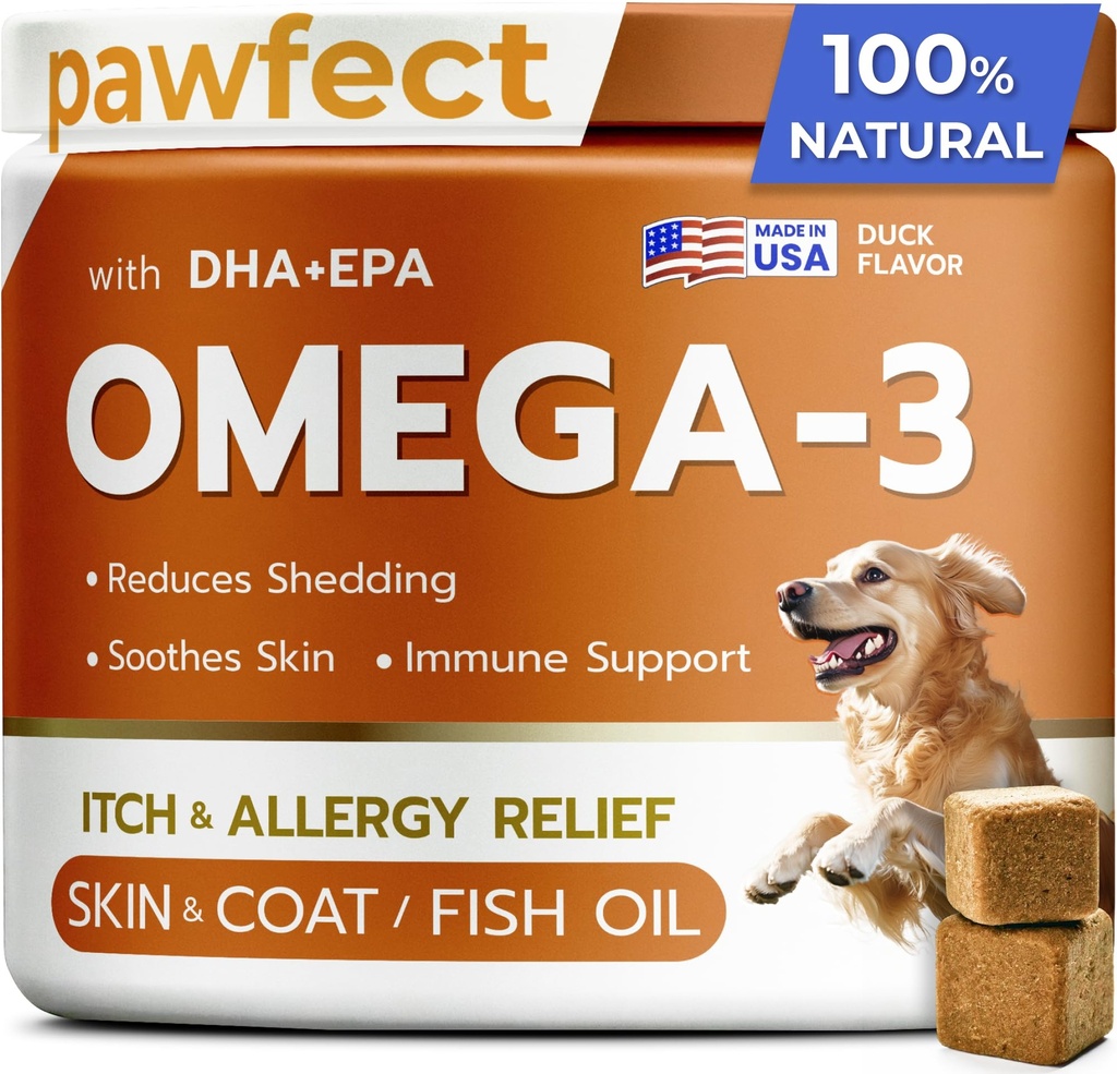 PAWFECTCHEW rybí olej Omega 3 pre psy - Alergická úľava - Spoločné zdravie - Svrbenie Relief, Shedding - Skin and Coat Supplement - Aljašský lososí olej Žuvačky - Omega 3 6 9 - EPA & DHA mastné kyseliny