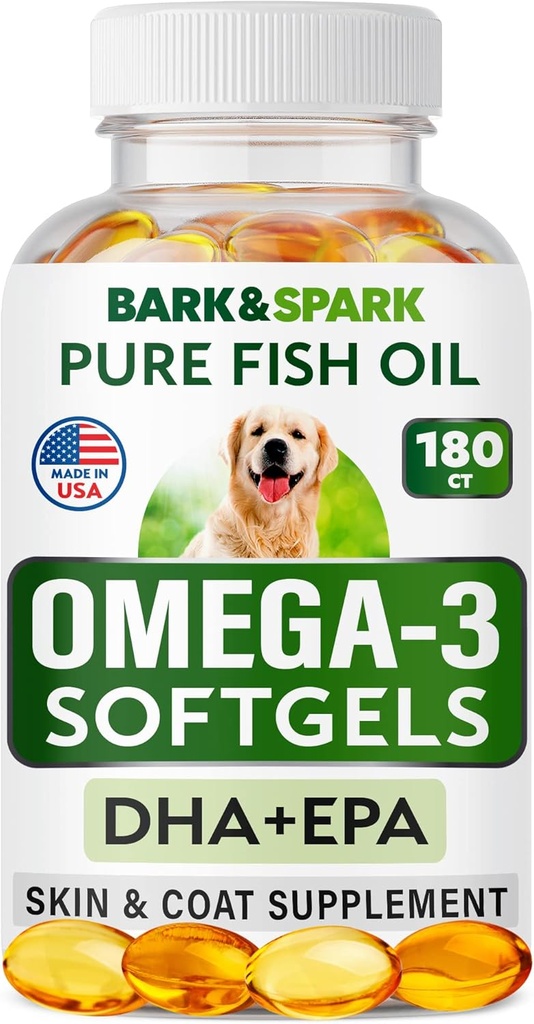 BARK&SPARK Omega 3 pre psy - 180 Fish Oil Softgels pre psie lepenie, kožné alergie, Svrbenie Relief, Hot Spots liečba - Spoločné zdravie - Koža a kozí doplnok - EPA a DHA mastné kyseliny - lososový olej