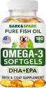 BARK&SPARK Omega 3 pre psy - 180 Fish Oil Softgels pre psie lepenie, kožné alergie, Svrbenie Relief, Hot Spots liečba - Spoločné zdravie - Koža a kozí doplnok - EPA a DHA mastné kyseliny - lososový olej