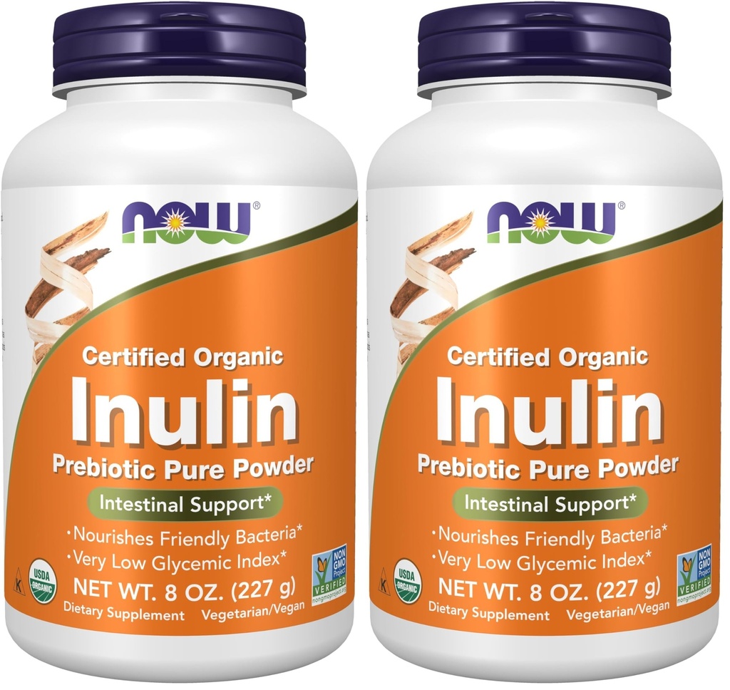 Now Supplements, Inulin Prebiotic Pure Powder, Certified Organic, Non-GMO Project Overené, Intestinálna podpora*, 8-Ounce (Pack of 2)