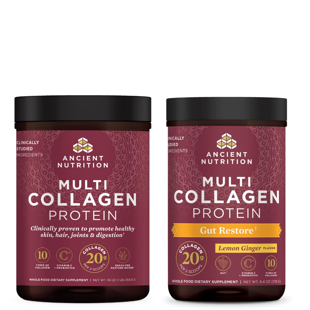 Staroveká výživa Multikolagén Proteín prášok, Neochutené, 45 Servivné + Multi kolagén Protein Powder, Gut Obnoviť, 20 Servivné