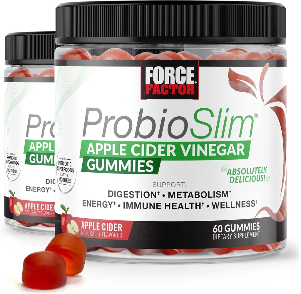 FORCE FACTOR ProbioSlim Apple Cider Ocogar Gummies, 2-Pack, s organickým jablkový Cider Ocogar a LactoSpore Probiotiká a prebiotiká na podporu trávenia, metabolizmu a imunitného zdravia, 120 Gummies