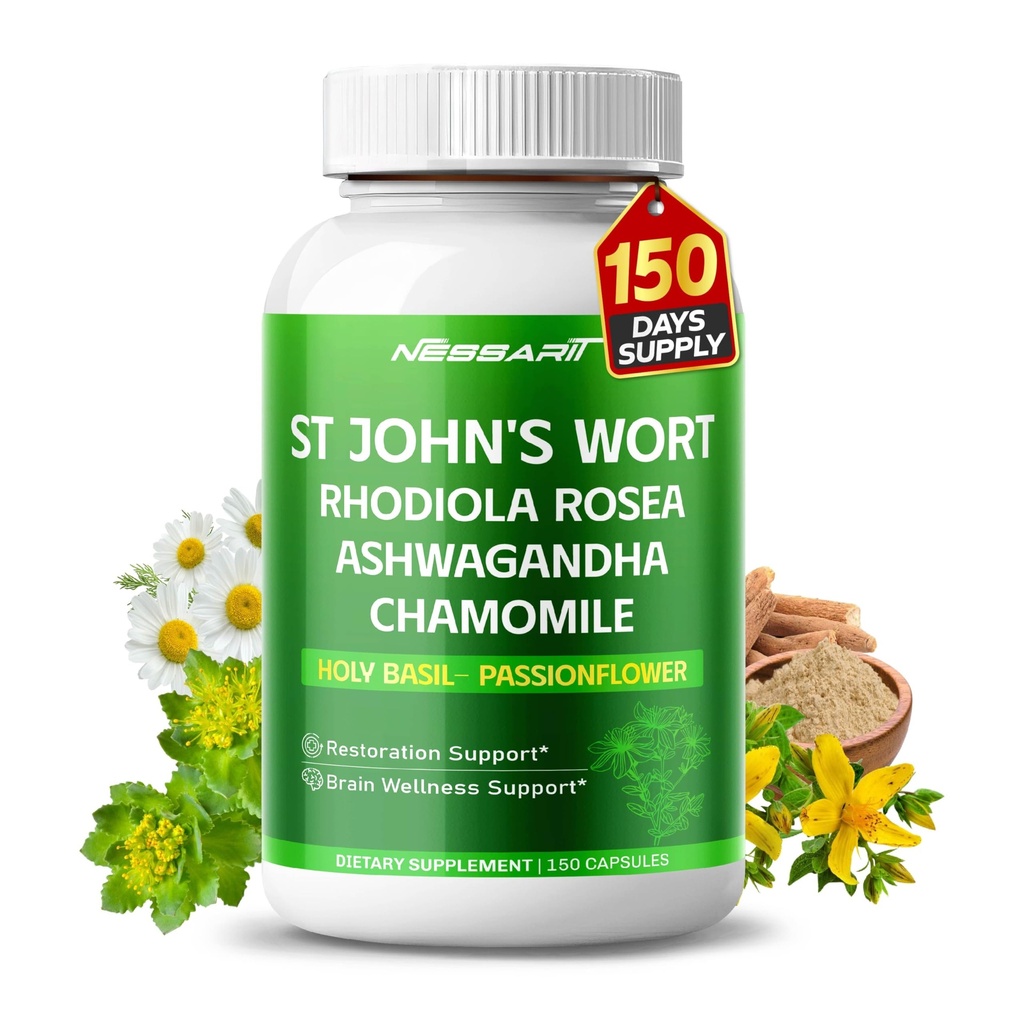 ST John's Wort 14-in-1 Natural Blend with Rhodiola Ashwagandha Chamomile Holy Basil L-Theanine Valerian Passionflower - 150 Gróf - Made & Tested in The USA