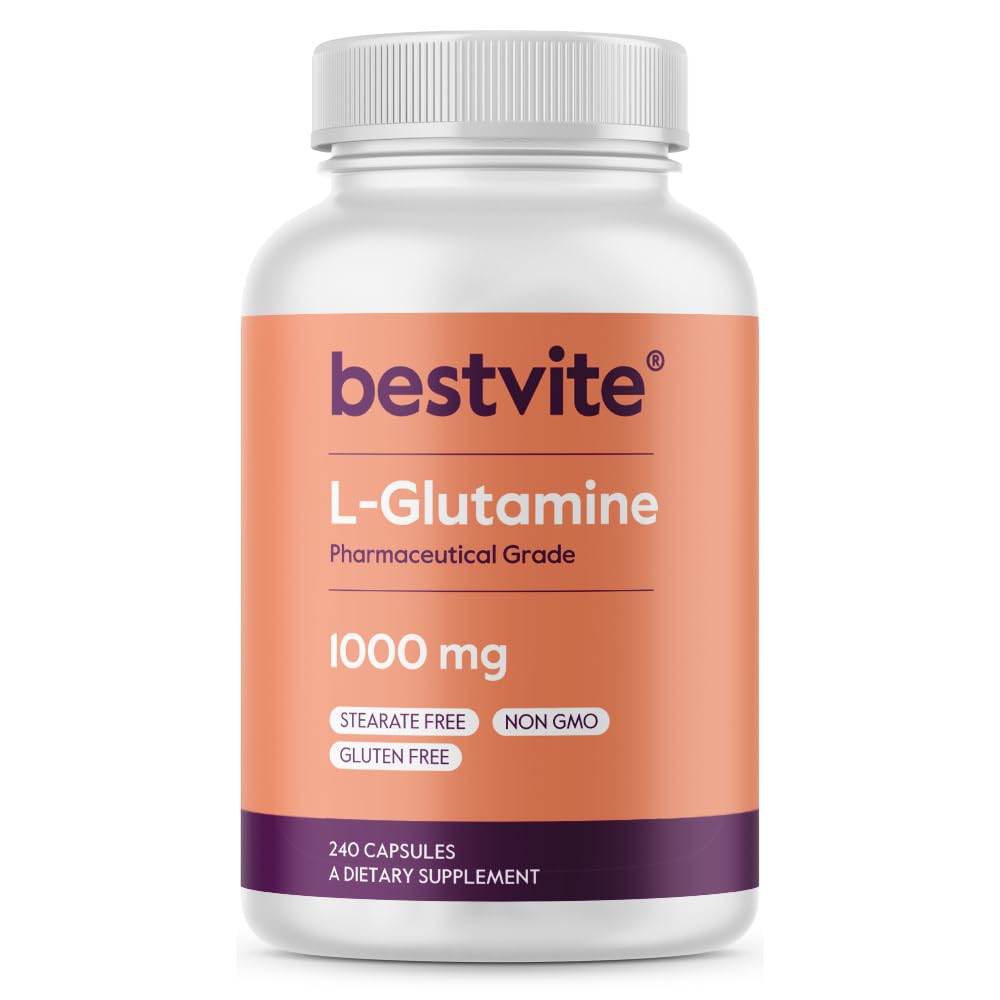 BESTVITE Filler-Free L-Glutamine 1000mg per Capsule (240 Kapsule) - Free Form - No Stearates - Gluten Free - Non GMO - Pure L Glutamine Supplement - Maximálna sila Glutamín kapsuly