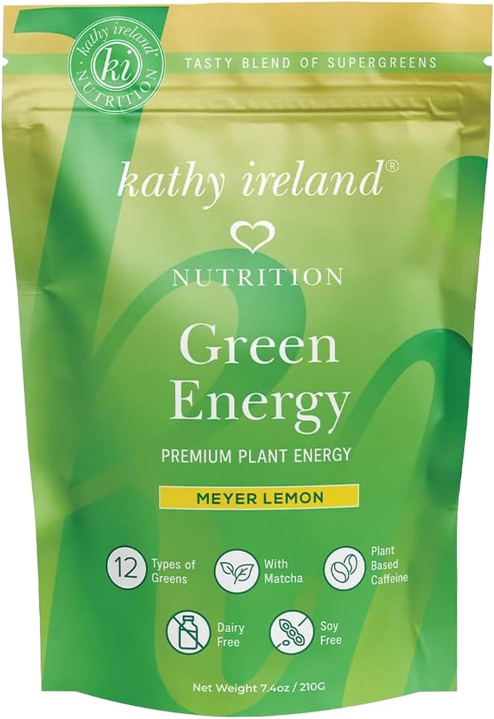 Kathy Ireland Super Greens Energy Powder, Clean Energy Drink Mix with Matcha & Green Tea, Immune & Digestive Suplement, No Added Sugar, Meyer Lemon Flavor, 7.4 oz