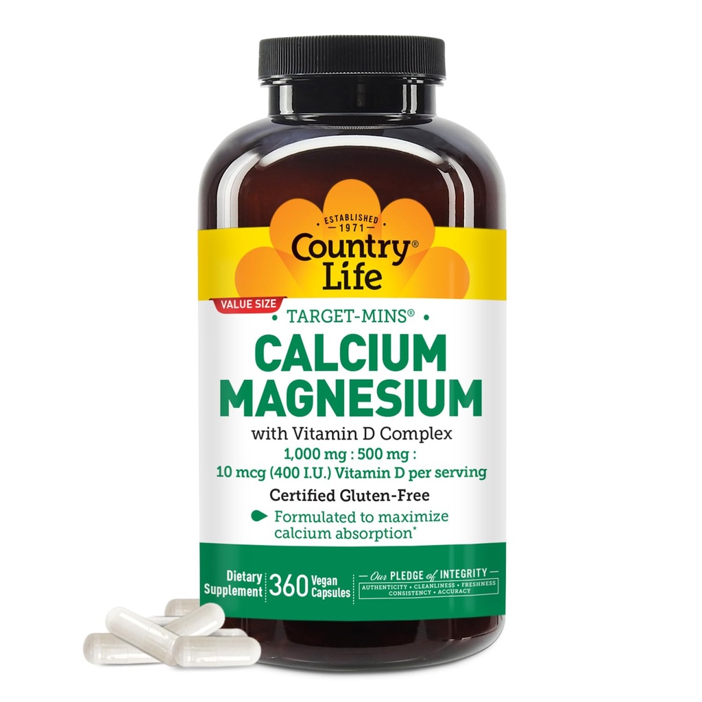 Country Life Target-Mins Calcium Magnézium s vitamínom D-Complex, 1000mg/500mg/10mcg, 360 Vegan Kapsule, Certified Gluten Free, Certified Vegan, Overené Non-GMO Overené...