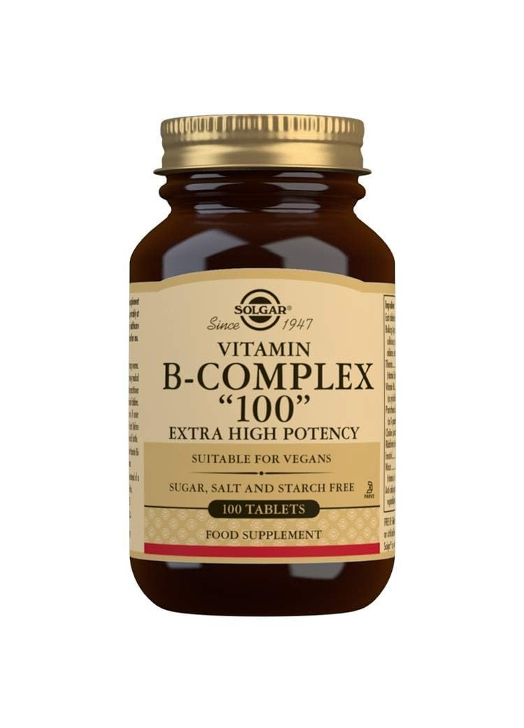 Solgar B- Complex 100" - 100 tabliet - Metabolizmus energie, kardiovaskulárne zdravie, podpora nervového systému - non-GMO, Vegan, Gluten Free - 100 Servisov