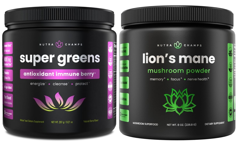 NutraChamps Super Greens Antioxidant & Lion's Mane Powder. Zažívacie, imunitné a adaptogénna podpora